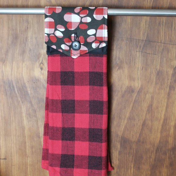 DOG PAWS BUFFALO RED & BLACK HANDMADE HANGING KITCHEN HAND BUFFALO CHECK TOWEL - Picture 4 of 4
